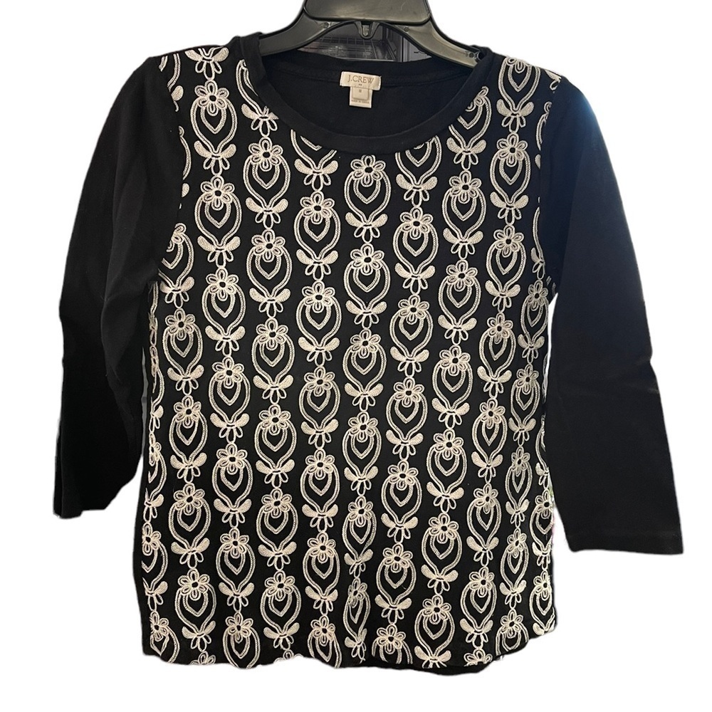 J. Crew Black White Embroidered 3/4 Length Sleeve top. Size M GUC